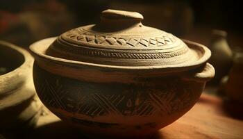 Ancient pottery jar, a craft of indigenous cultures, ornate decoration generated by AI photo