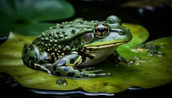 A cute green toad sitting on a wet leaf, looking generated by AI photo