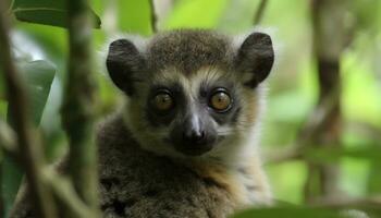 Cute lemur in nature, a close up of its adorable eyes generated by AI photo