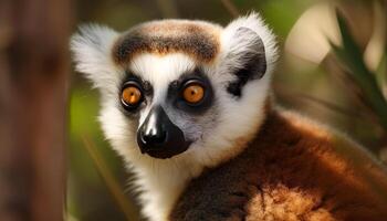 Cute lemur staring, looking at camera, in tropical rainforest generated by AI photo