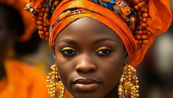 African woman in traditional clothing, smiling, looking at camera generated by AI photo