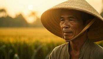 A serene farmer in straw hat enjoys the peaceful sunrise generated by AI photo
