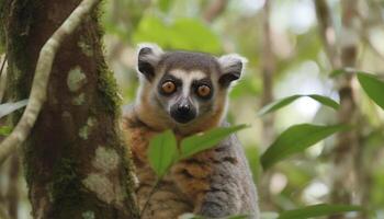 Cute ring tailed lemur sitting on branch, staring at camera generated by AI photo