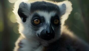 Cute lemur staring, close up, nature beauty in tropical rainforest generated by AI photo