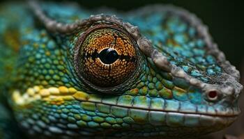 Green lizard in tropical rainforest, close up of its colorful scales generated by AI photo