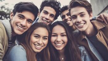 A group of young adults smiling, embracing, and looking at camera generated by AI photo