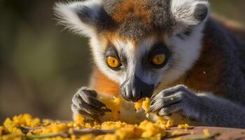 Cute lemur looking at camera, eating in tropical rainforest generated by AI photo