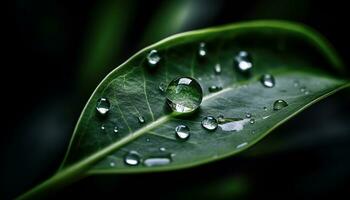 Fresh green leaf with dew drop, close up of nature beauty generated by AI photo