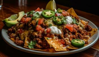 frescura en un plato gastrónomo comida con carne y vegetales generado por ai foto