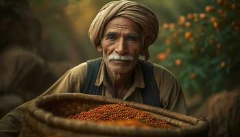 un mayor granjero en tradicional ropa cosecha maduro Fruta al aire libre generado por ai foto