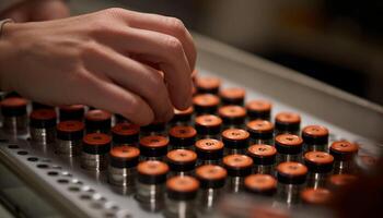 Human hand typing on old fashioned typewriter, working indoors on table generated by AI photo