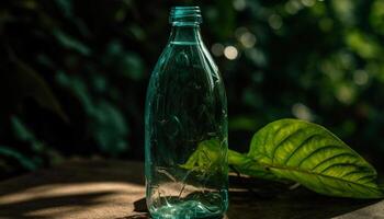 Fresh green leaf reflects in a transparent glass bottle of water generated by AI photo