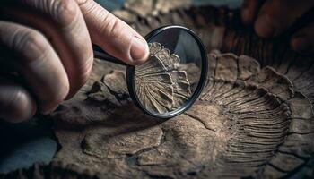 Hand holding magnifying glass examines old seashell on wooden table generated by AI photo