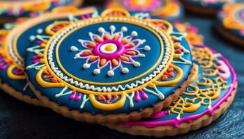 Homemade dessert, colorful cookie, sweet icing, ornate decoration, gourmet snack generated by AI photo