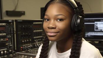 A smiling young woman listening to music with headphones indoors generated by AI photo