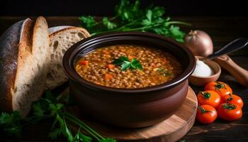 Fresh homemade vegetable soup served in a rustic wooden bowl generated by AI photo