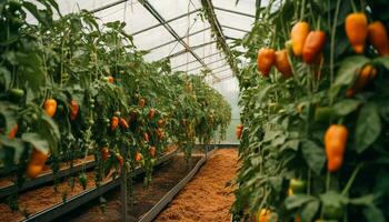 Greenhouse agriculture promotes growth, freshness, and organic tomato nature generated by AI photo