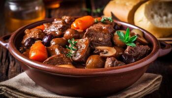 A gourmet meal of cooked beef stew on a wooden table generated by AI photo