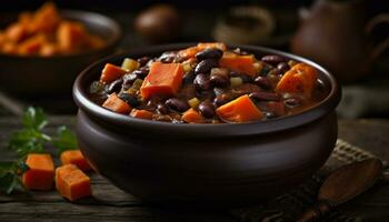 Fresh vegetable stew in a rustic wooden bowl, a healthy meal generated by AI photo