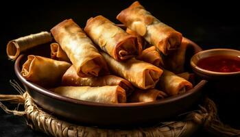 Freshness rolled up in a spring roll, a Chinese appetizer generated by AI photo