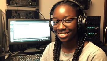 Smiling young woman in casual clothing enjoying headphones indoors generated by AI photo