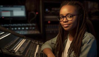 Smiling young woman, confident musician, working in illuminated recording studio generated by AI photo