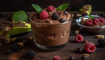 Gourmet dessert chocolate raspberry mousse on a rustic wooden table generated by AI photo