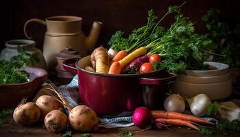 Fresh organic vegetables on a wooden table, perfect for healthy eating generated by AI photo