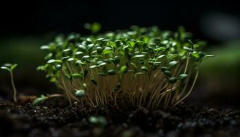 Fresco verde planta crecimiento, cerca arriba de un planta de semillero en suciedad generado por ai foto