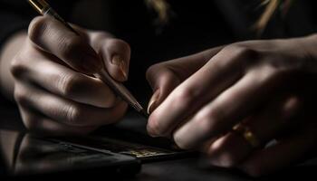 A person hand writing on paper in an office setting generated by AI photo