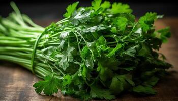 Fresh parsley leaf on wooden table, healthy organic vegetarian food generated by AI photo