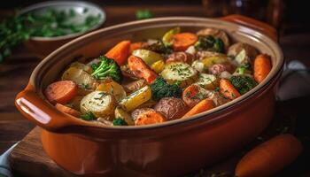Freshness and rustic gourmet meal, cooked with organic vegetables generated by AI photo