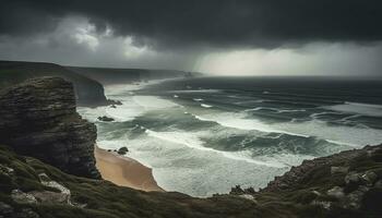 Majestic coastline, crashing waves, dark sky, rough waters, extreme terrain generated by AI photo