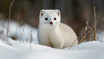un linda peludo gatito caminando en el Nevado invierno bosque generado por ai foto