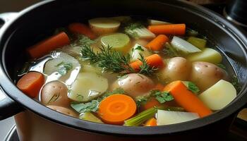 Fresh vegetable soup cooking in a homemade kitchen, healthy and delicious generated by AI photo