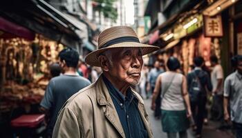 A mature man walking in a crowded market, looking at camera generated by AI photo