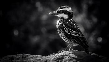 African bird perching on branch, feathers in monochrome, tranquil scene generated by AI photo