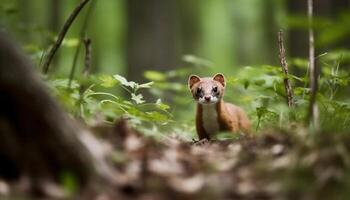 Cute small mammal sitting on branch, staring at camera generated by AI photo