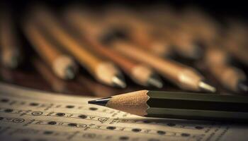 Close up pencil on wood, education backgrounds, macro selective focus generated by AI photo