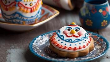 Homemade dessert on a blue plate, decorated with icing patterns generated by AI photo