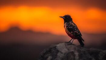 A beautiful starling perching on a branch in the sunset generated by AI photo