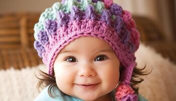 Cute baby smiling, cheerful portrait of a child in winter generated by AI photo