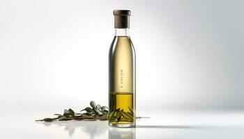 Fresh olive oil in glass bottle, healthy cooking ingredient generated by AI photo