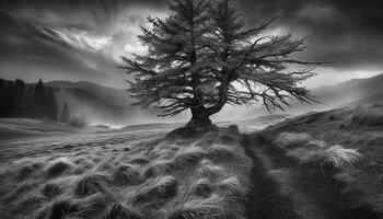 Mysterious fog blankets dark mountain range, creating spooky landscape generated by AI photo