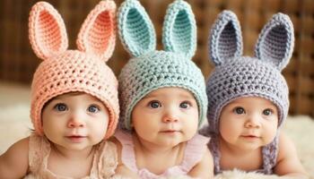 sonriente bebé muchachas jugando con conejo, celebrando invierno juntos generado por ai foto