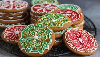 Homemade dessert sweet, baked shortbread with ornate icing decoration generated by AI photo