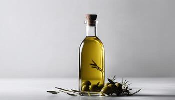 Fresh green olive oil in a transparent glass bottle, nature condiment generated by AI photo