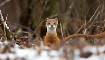 Cute mammal in winter forest, small and fluffy, looking at camera generated by AI photo