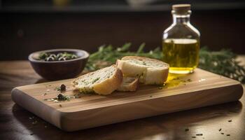 Freshly baked ciabatta bread on a wooden table, a gourmet delight generated by AI photo