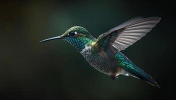 colibrí se cierne, iridiscente plumas, untado alas, polinizando flores en medio aire generado por ai foto